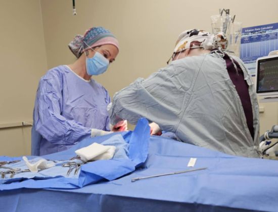 Two surgeons in scrubs and masks performing surgery 